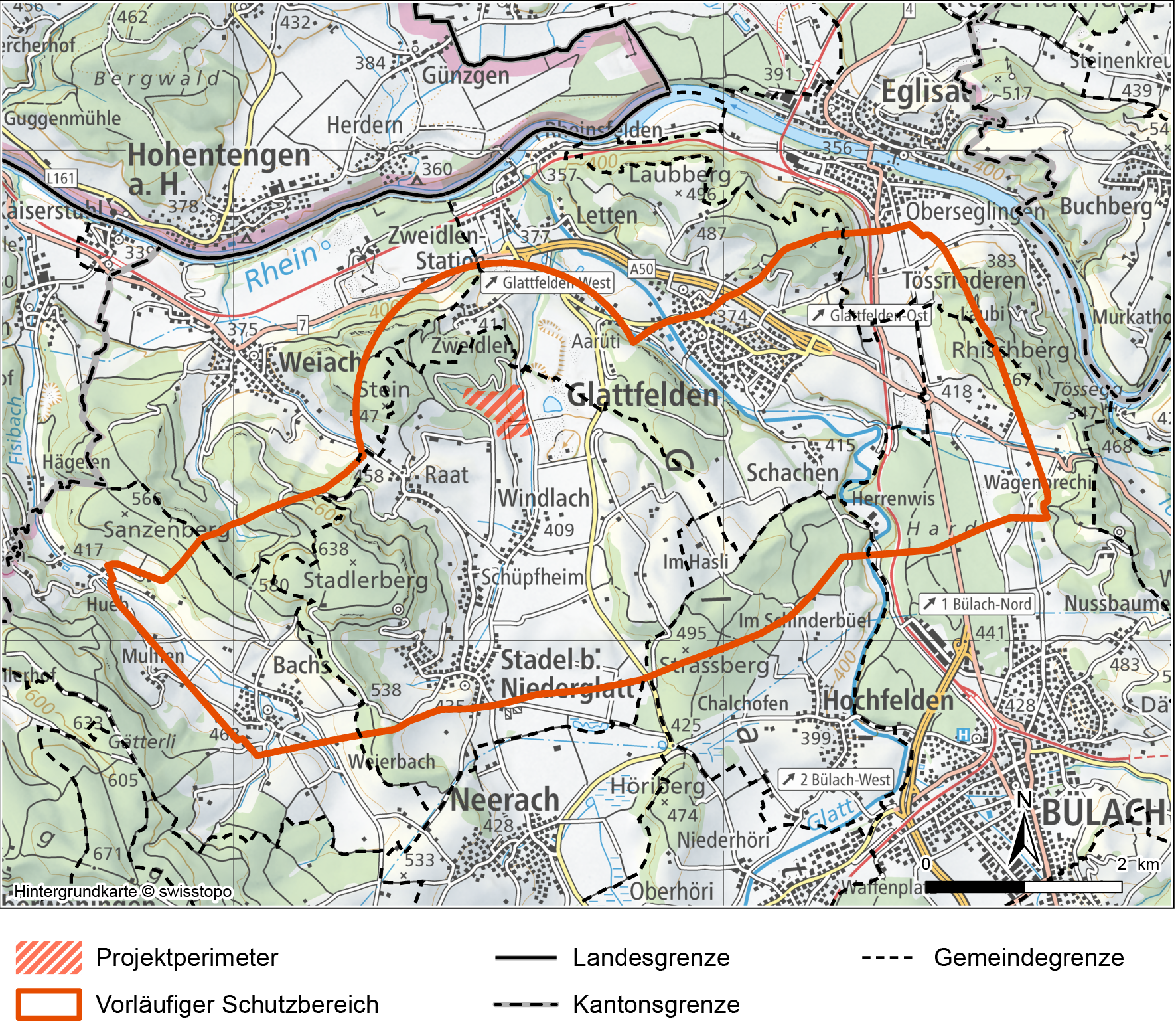 Übersichtskarte mit dem Projektperimeter und dem Vorschlag für den vorläufigen Schutzbereich 