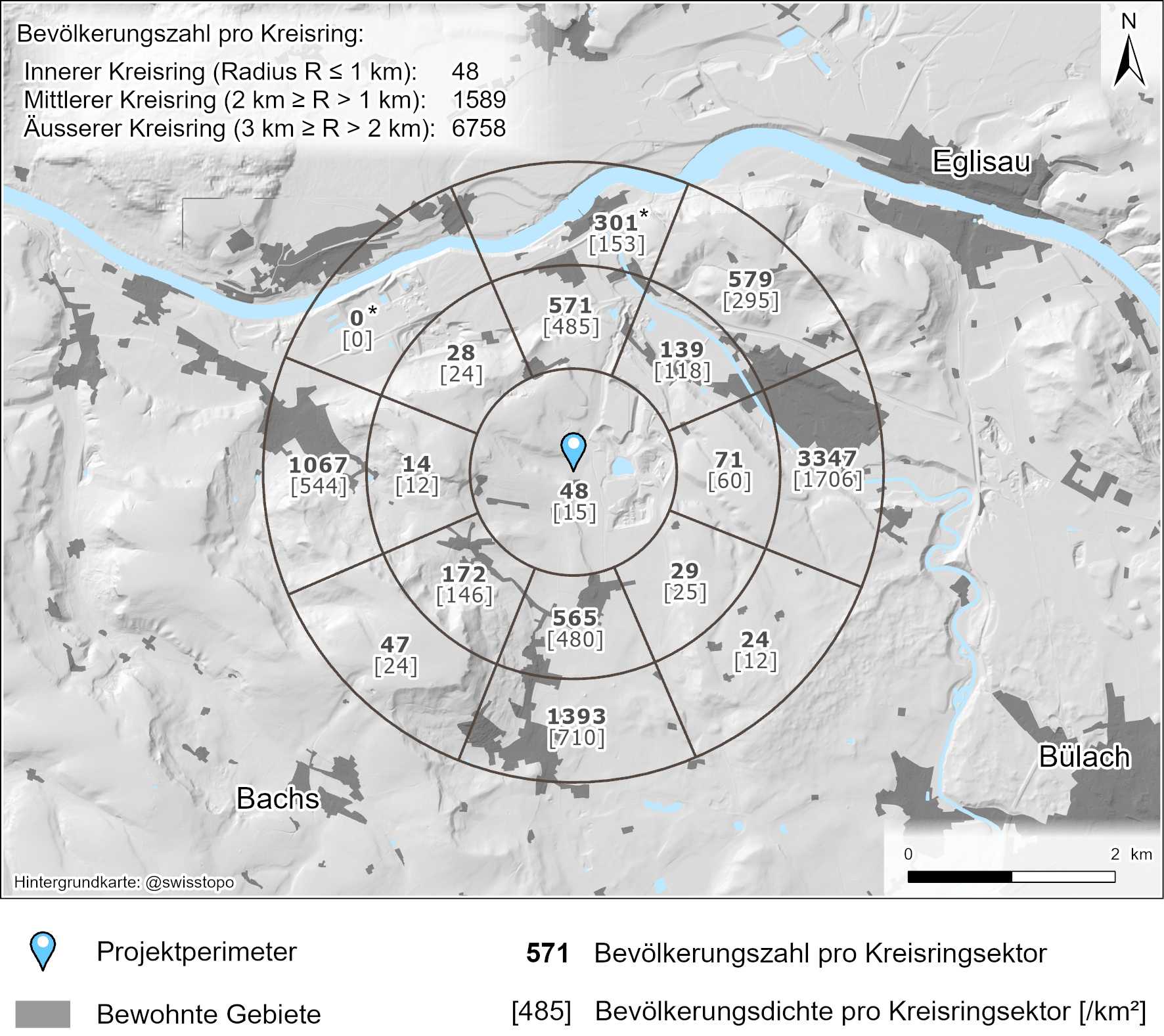 Bevölkerungsanzahl und -dichte in der Nähe des geologischen Tiefenlagers  Die mit * gekennzeichneten Werte repräsentieren nur die Schweizer Bevölkerungszahlen.