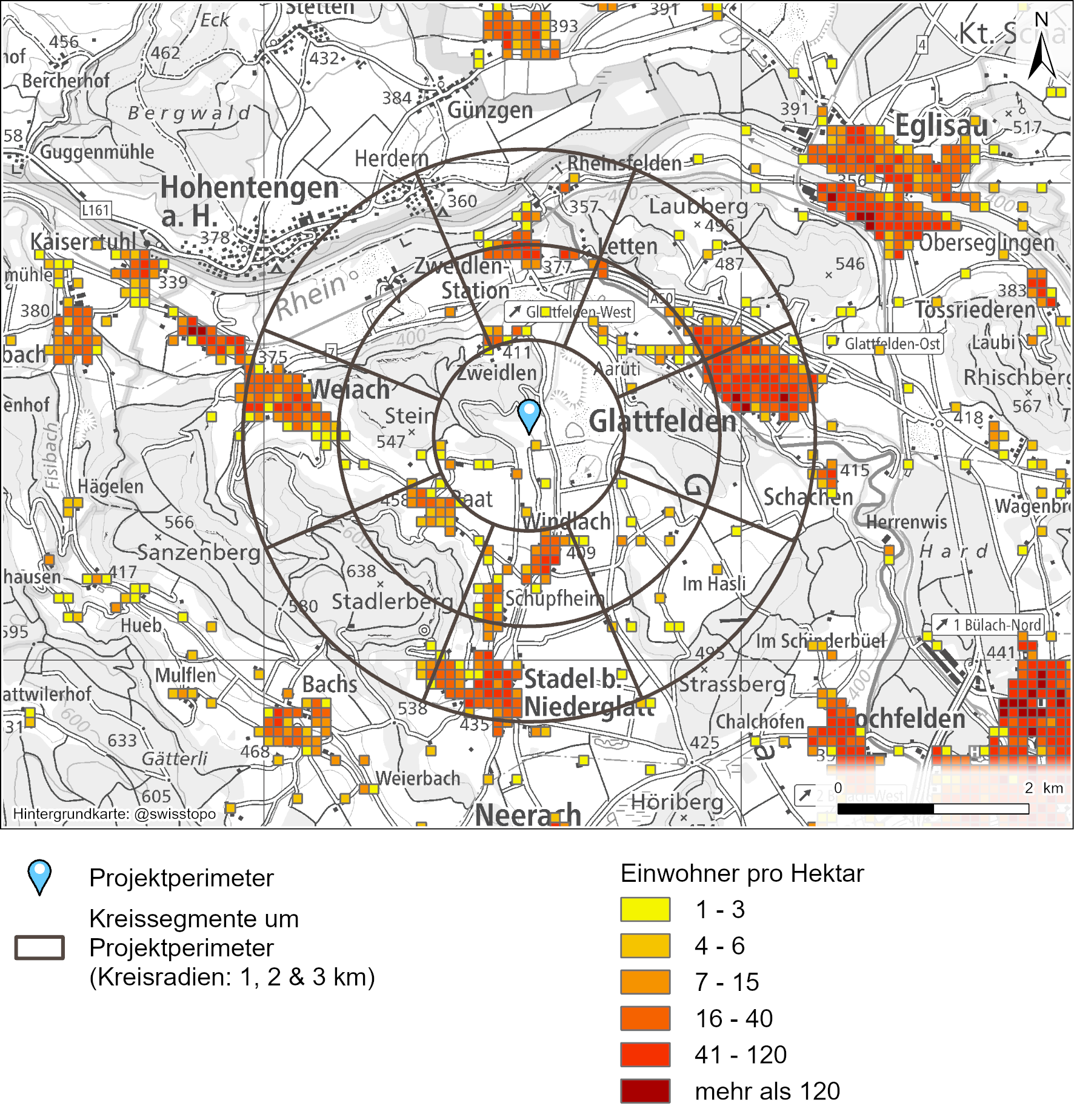 	Ständige Wohnbevölkerung in der Nähe des Projektperimeters  BFS, Statistik der Bevölkerung (STATPOP), Daten für 2022, veröffentlicht am 24.08.2023 (Bevölkerung und Haushalte ab 2010 | Bundesamt für Statistik (admin.ch)). Dargestellt ist nur die Schweizer Wohnbevölkerung.