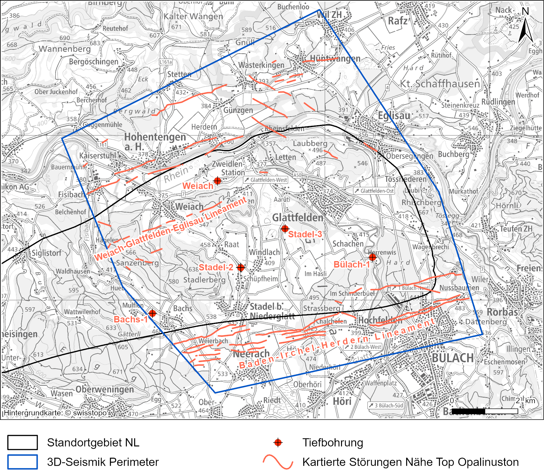 Kartierte Störungen in der 3D-Seismik im Standortgebiet NL für Nähe Top Opalinuston  Als regionale tektonische Elemente sind das Weiach-Glattfelden-Eglisau Lineament und das Baden-Irchel-Herdern Lineament beschriftet.