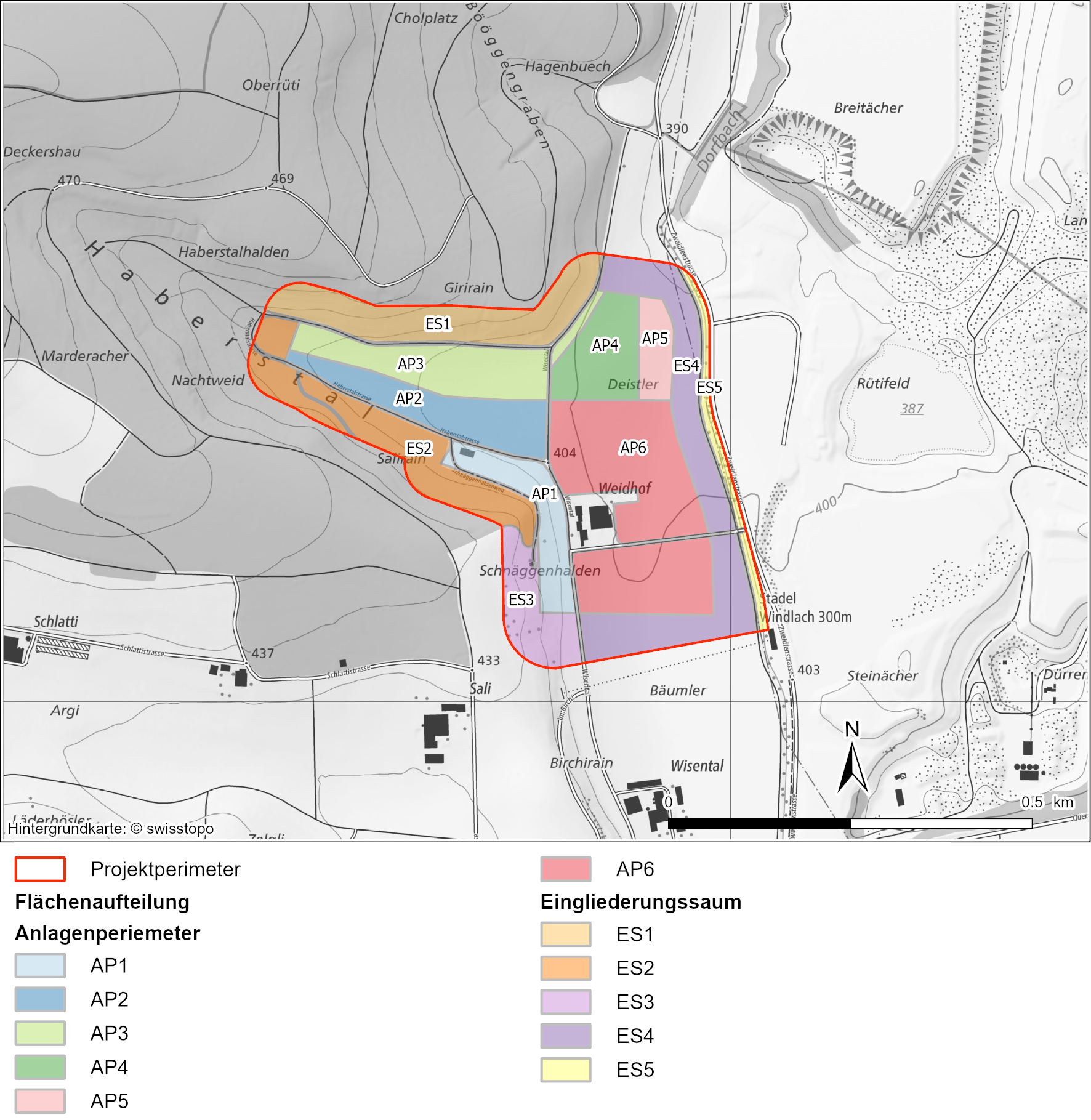 Teilflächen für die Bodenuntersuchungen innerhalb des Projektperimeters