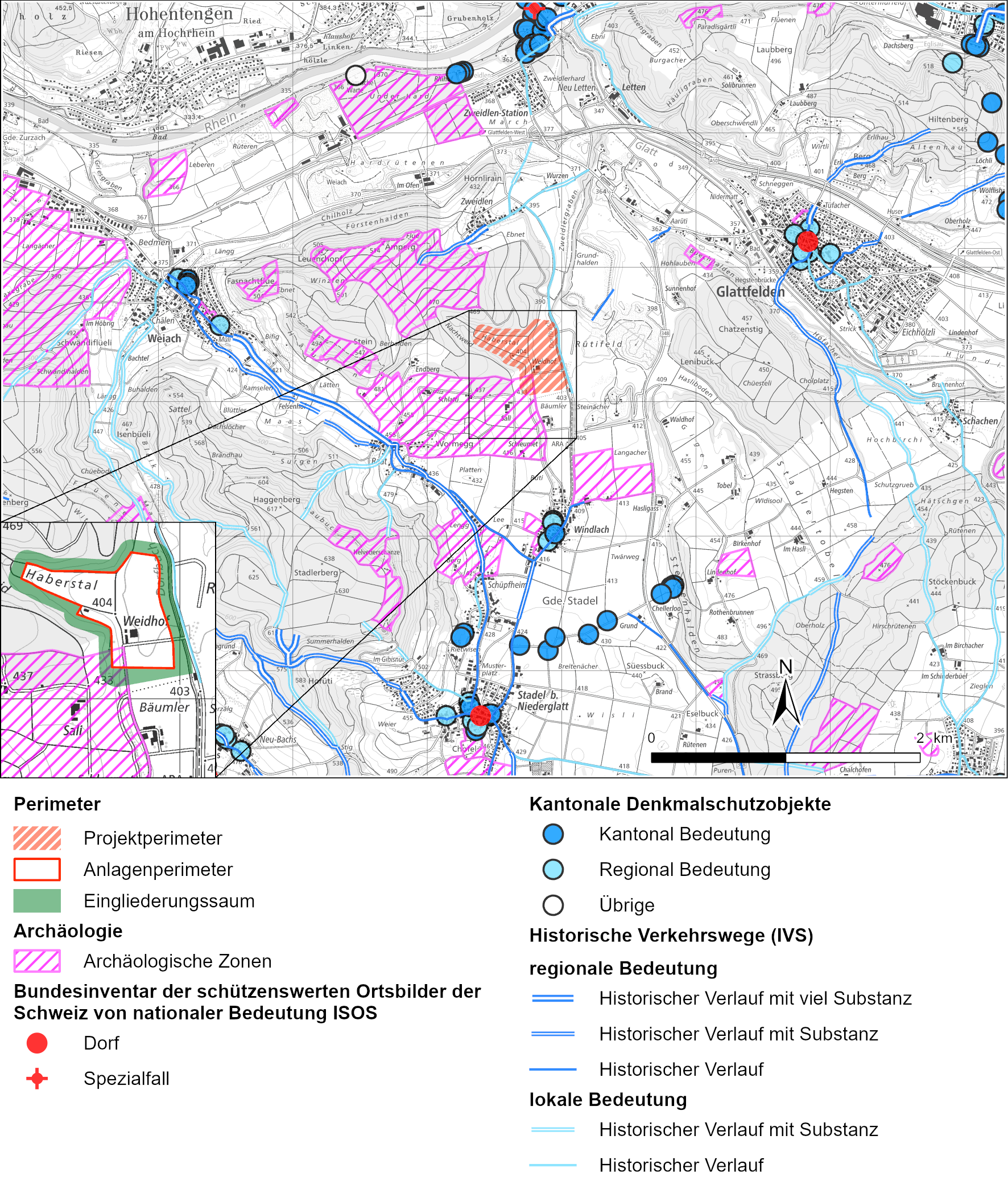 Karten der Archäologische Zonen und Denkmalschutzobjekte inkl. Inventar histo¬rischer Verkehrswege in der Schweiz (IVS, GIS-ZH 2024)