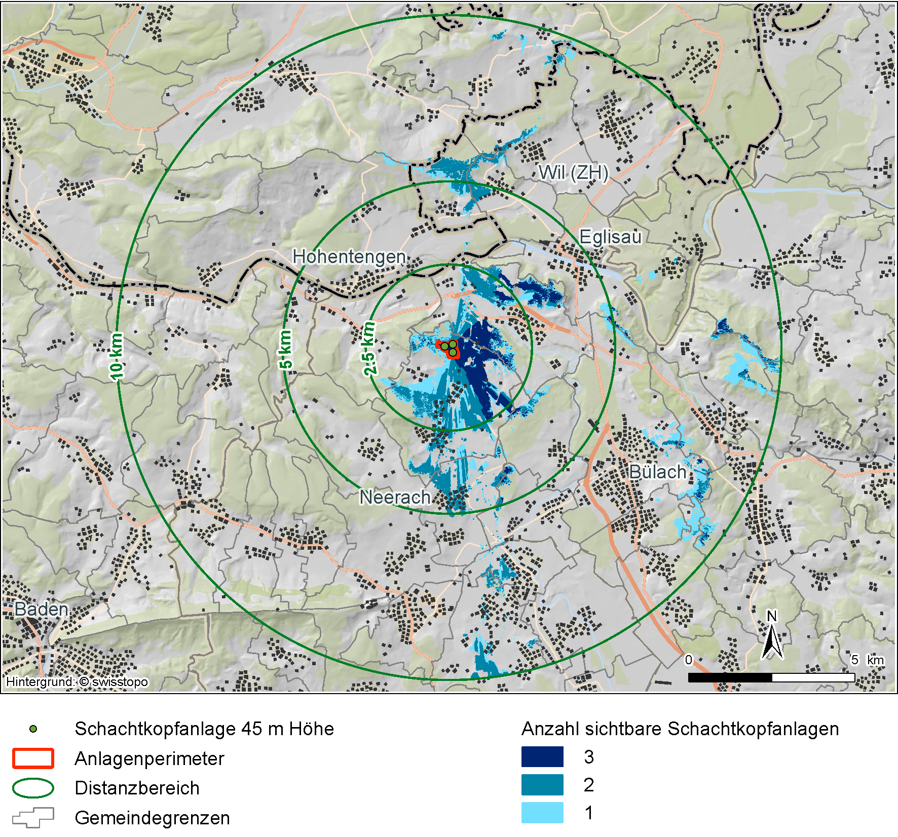 Theoretische Sichtbarkeit von drei exemplarischen innerhalb des Anlagenperimeters platzierten Schachtkopfanlagen mit 45 m Höhe im Nah-, Mittel- und Fernbereich