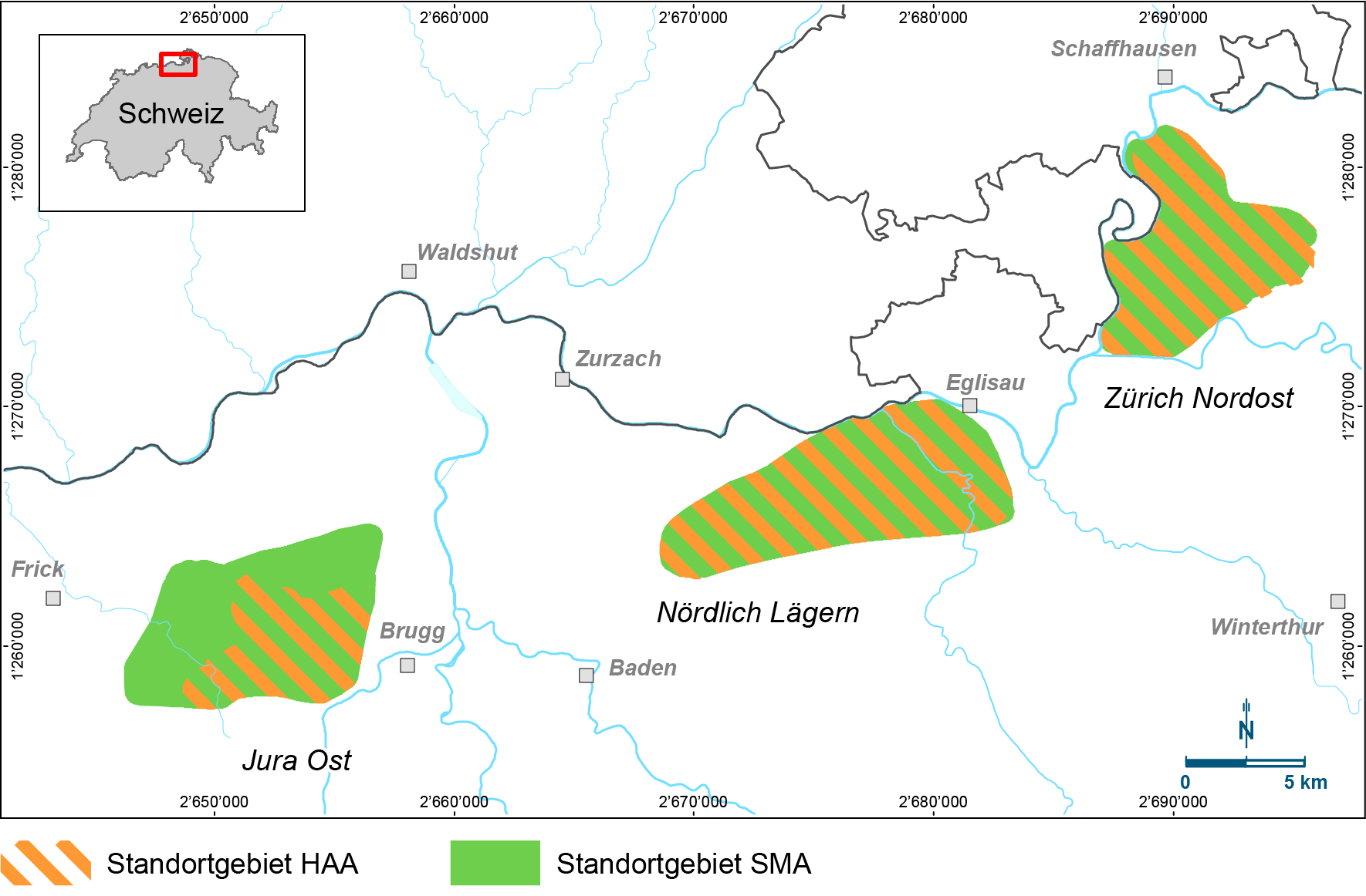Karte mit den drei Standortgebieten, die gemäss Entscheid des Bundesrates von 2018 in SGT-Etappe 3 vertieft untersucht wurden