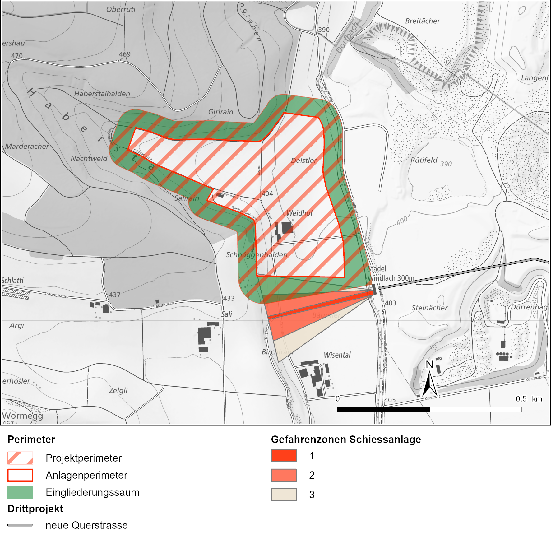 Übersicht Überlagerung Projektperimeter mit den Gefahrenzonen der zivilen Schiessanlage Windlach (Schweizer Armee 2021)