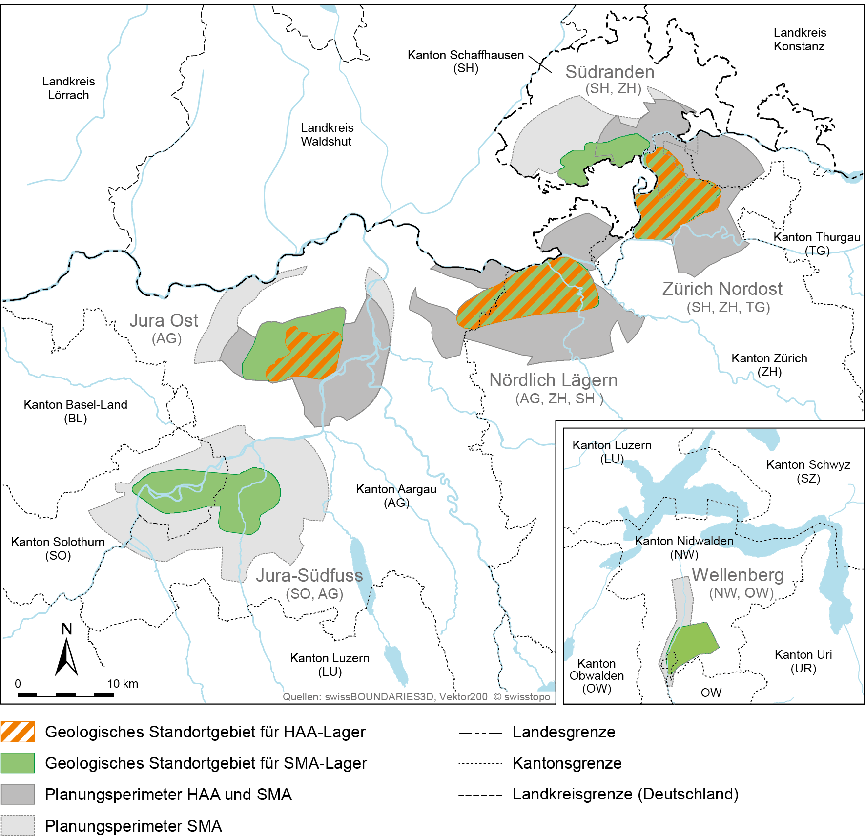 Die drei weiterzuverfolgenden Standortgebiete und vier Standortareale für die OFA als Ergebnis von Etappe 2