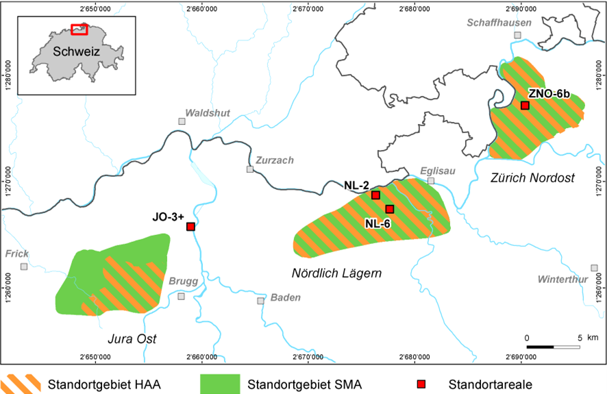 Die drei weiterzuverfolgenden Standortgebiete und vier Standortareale für die OFA als Ergebnis von Etappe 2