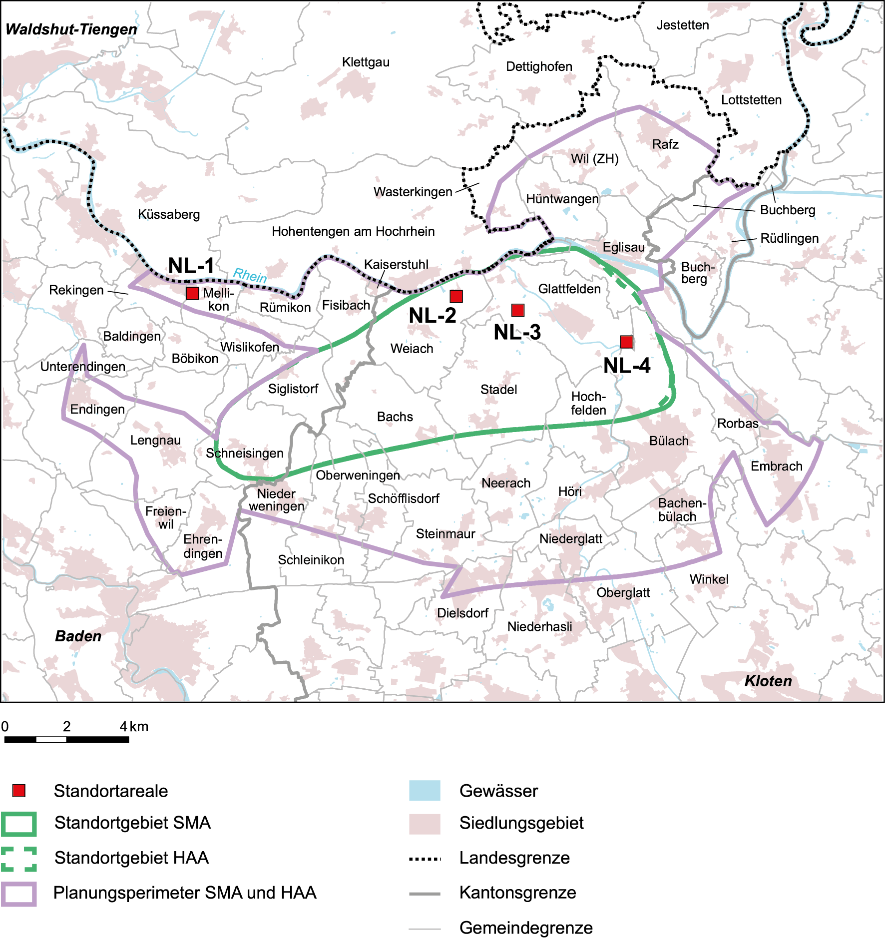 Das Standortgebiet Nördlich Lägern (NL) mit den 4 Vorschlägen für die Standort-areale der OFA (Kap. 4 in Nagra 2011)