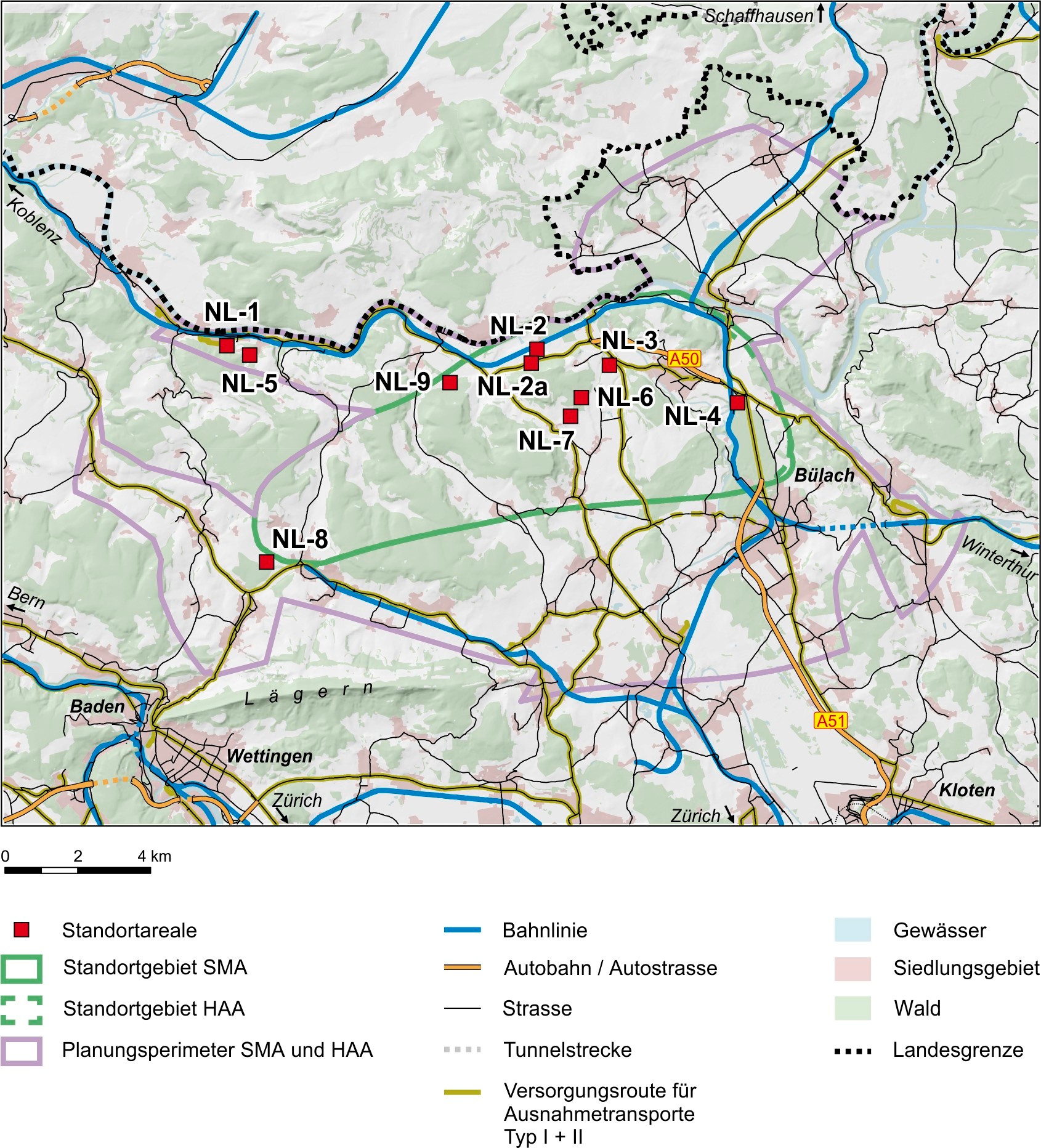Durch die RK NL beurteilte Arealvorschläge (NL1-9, NL-2a) im Standortgebiet NL (Kap. 2 in Nagra 2013)