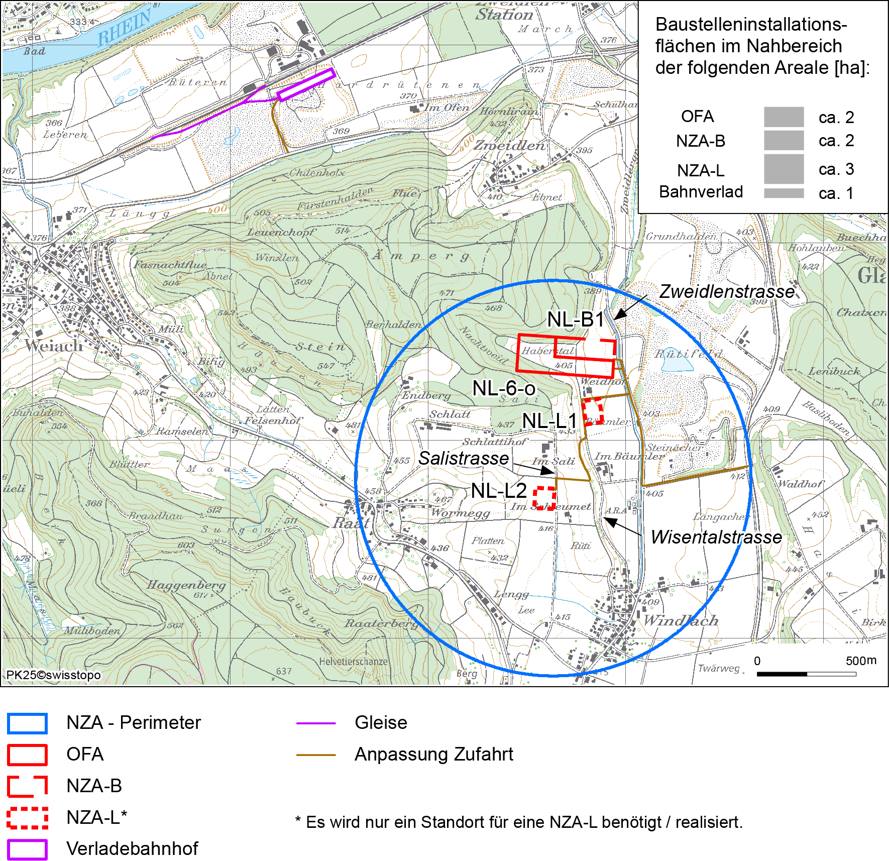 Das Standortgebiet Nördlich Lägern (NL) mit den 4 Vorschlägen für die Standort-areale der OFA (Kap. 4 in Nagra 2011)