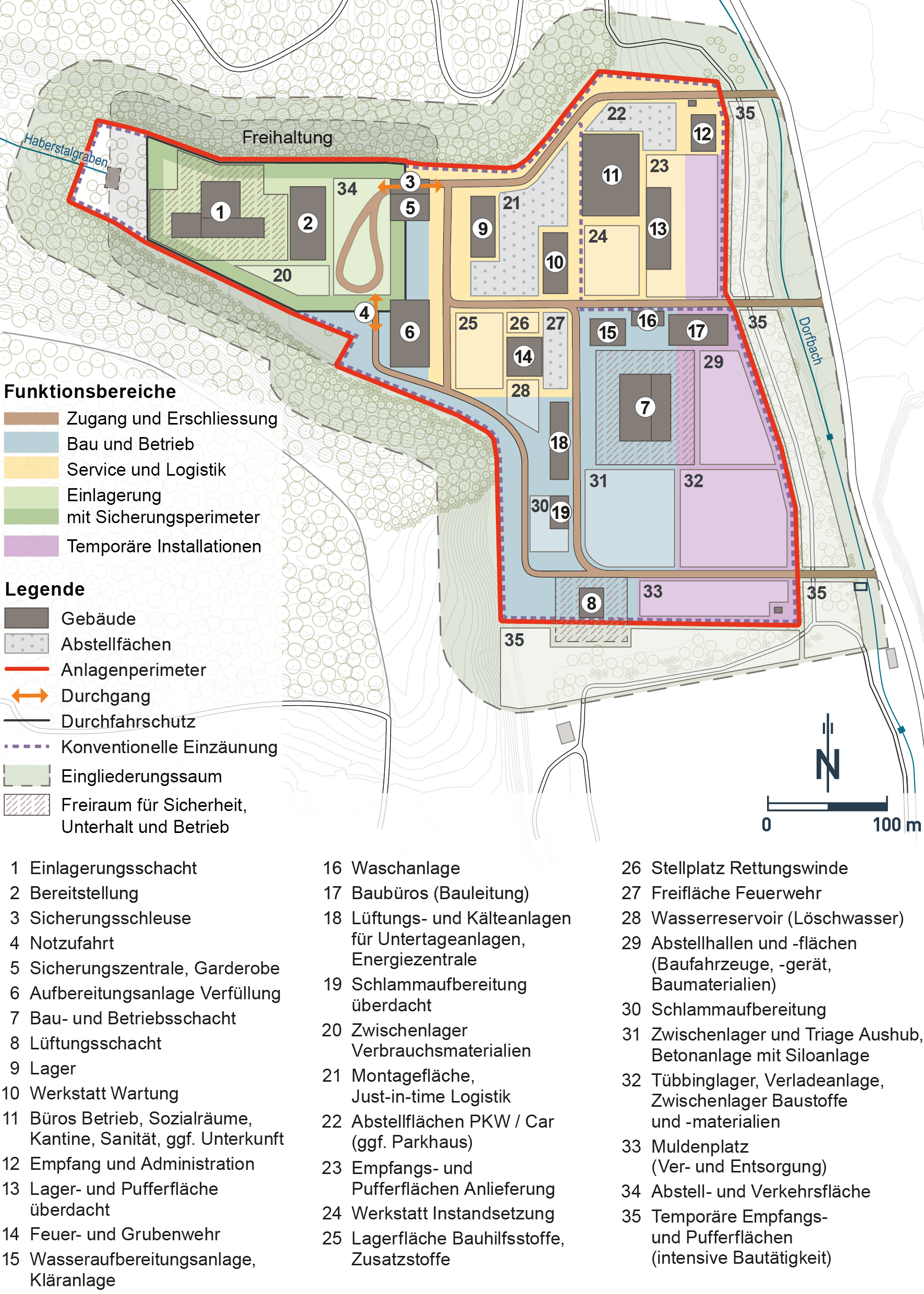 Exemplarische Anordnung von Bauten und Anlagen in Nutzungsabschnitt 2 Diese Abbildung zeigt auch temporäre Bauten und Anlagen sowie Lager- und Abstellflächen, um den Flächenbedarf zu illustrieren; in allen anderen Berichten des Rahmenbewilligungs¬gesuchs sind nur ausgewählte Bauten und Anlagen abgebildet.