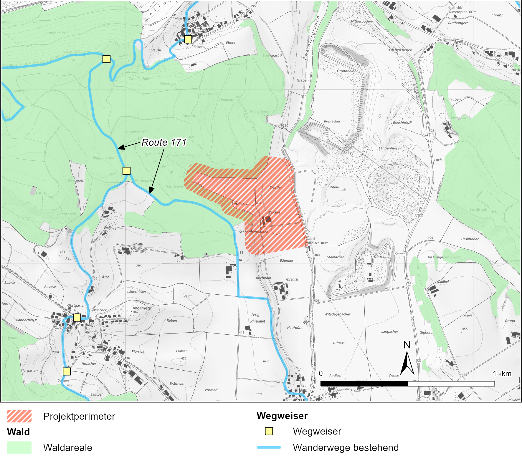 Wanderwegnetz im Umfeld des Projektperimeters (GIS-ZH 2024)