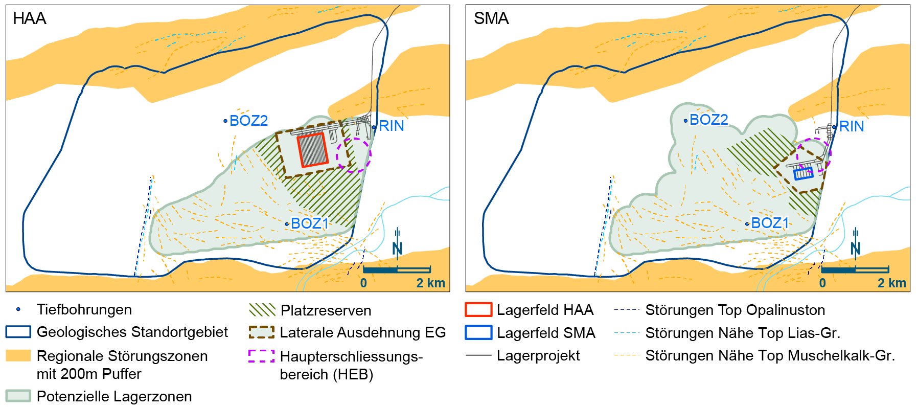 Bewertungsobjekte Jura Ost für HAA (links) und SMA (rechts) Die potenzielle Lagerzone für SMA weist im nordwestlichen Bereich eine grössere Aus-dehnung auf als diejenige für HAA, da die Anforderungen an die Tiefenlage zum Schutz vor Erosion für SMA weniger einschränkend sind.