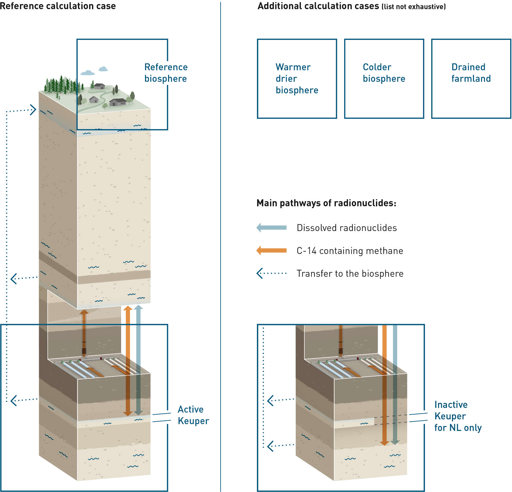 Main pathways for radionuclide transport in the reference safety scenarios, showing, in the bottom left box, the reference conceptualisation with the hydraulically active Keuper aquifer and, the bottom right box, the variant with the inactive Keuper aquifer below the HLW repository section The figure also illustrates the different biospheres which are handled as different calculation cases within the reference safety scenario. Arrows in this and subsequent similar figures indicate, respectively:  Blue, bold: radionuclide migration in the aqueous phase, in which radionuclides are released to porewater that contacts the waste packages and are subsequently transported by aqueous diffusion and, where there is porewater flow, by advection,  Red, bold: radionuclide migration of 14C in the aqueous and gas phases (two-phase flow), in which gaseous radionuclides mix with, and are transported by, repository-generated gas, Dotted blue arrows: Instantaneous transfer of radionuclides into the regional aquifer within the biosphere, conservatively neglecting the significant transport time with associated radioactive decay. 