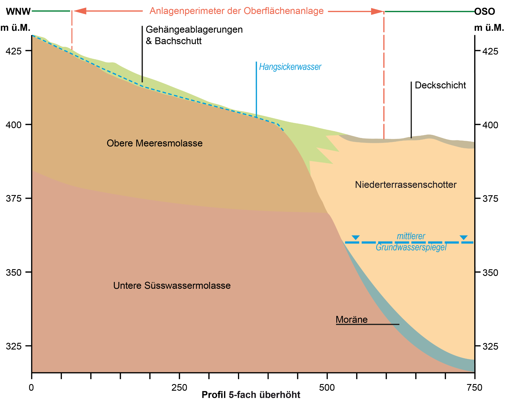 Prognostiziertes geologisches Profil durch den Anlagenperimeter  Basierend auf Eisenlohr & Müller (2016) und dem geologischen Schichtmodell der Nagra mit Stand Februar 2022.
