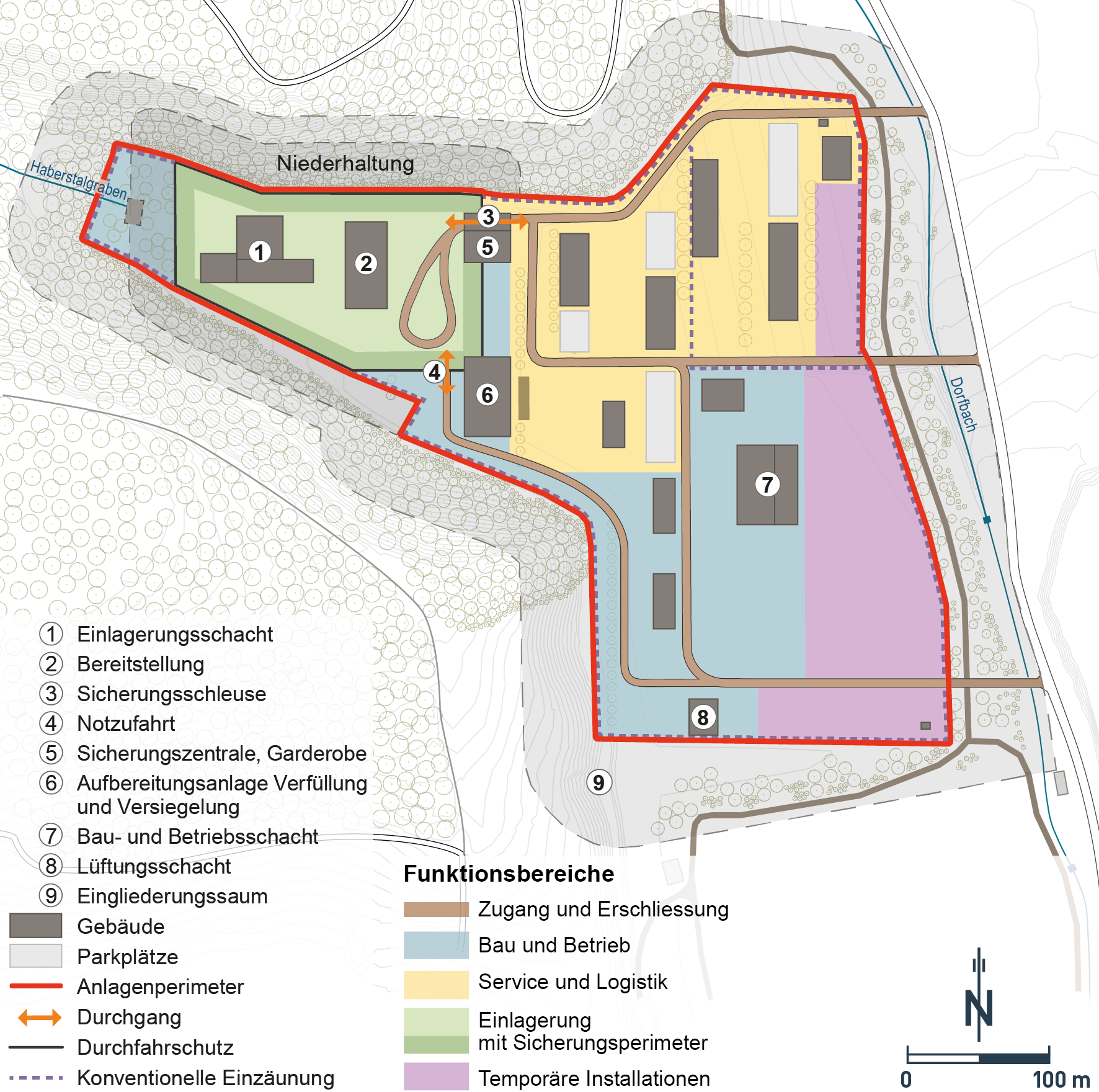 Anlagenperimeter mit Bauten und Eingliederungssaum Der 23.7 ha grosse Projektperimeter besteht aus Anlagenperimeter (13.1 ha) und Ein¬gliede-rungssaum (10.6 ha). Ganz im Westen des Anlagenperimeters wird der Haberstalgraben (Bach) gefasst (Anhang D.1).