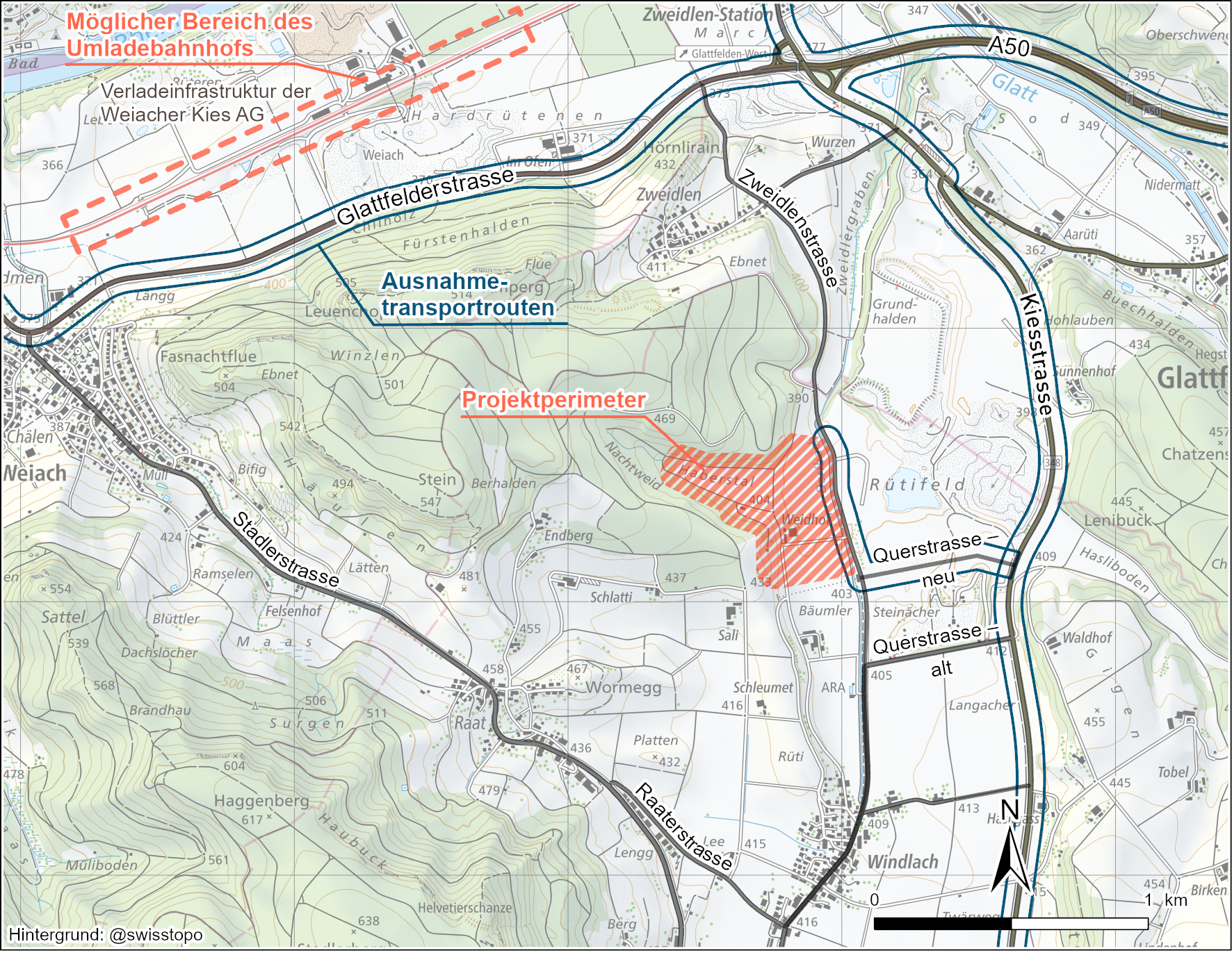 Verkehrstechnische Erschliessung des Projektperimeters  Gezeigt sind der Ist-Zustand sowie die ohnehin und für das gTL vorgesehenen Ausbauten der Strassen; die Querstrasse wird aufgrund der Bedürfnisse der Kiesindustrie verlegt. Im Norden ist der mögliche Bereich des Umladebahnhofs gezeigt.