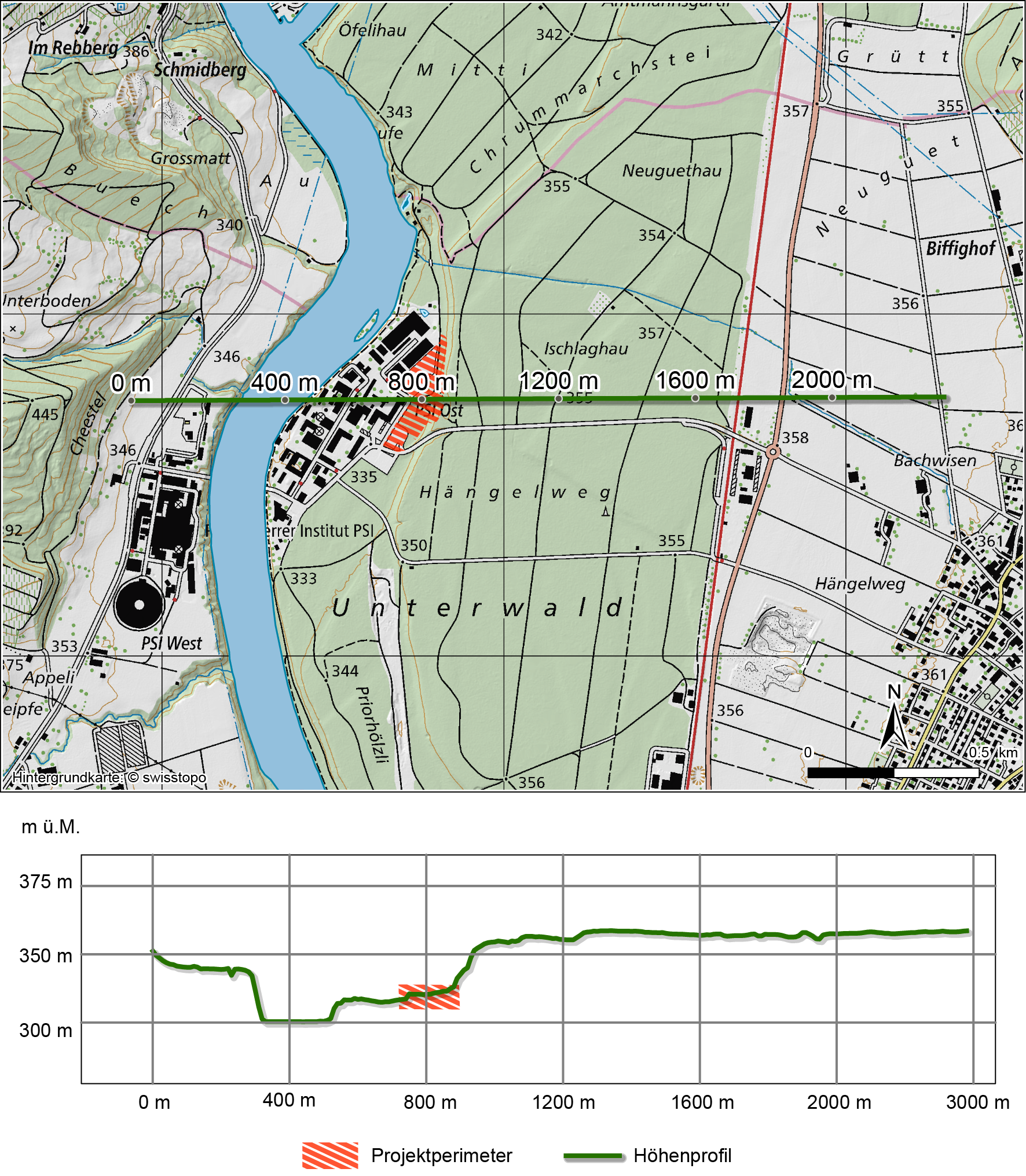 Topographie des Gebiets Unteres Aaretal Die grüne Linie entspricht der Verlaufsachse des Höhenprofils (ca. 6.5-fach überhöht).