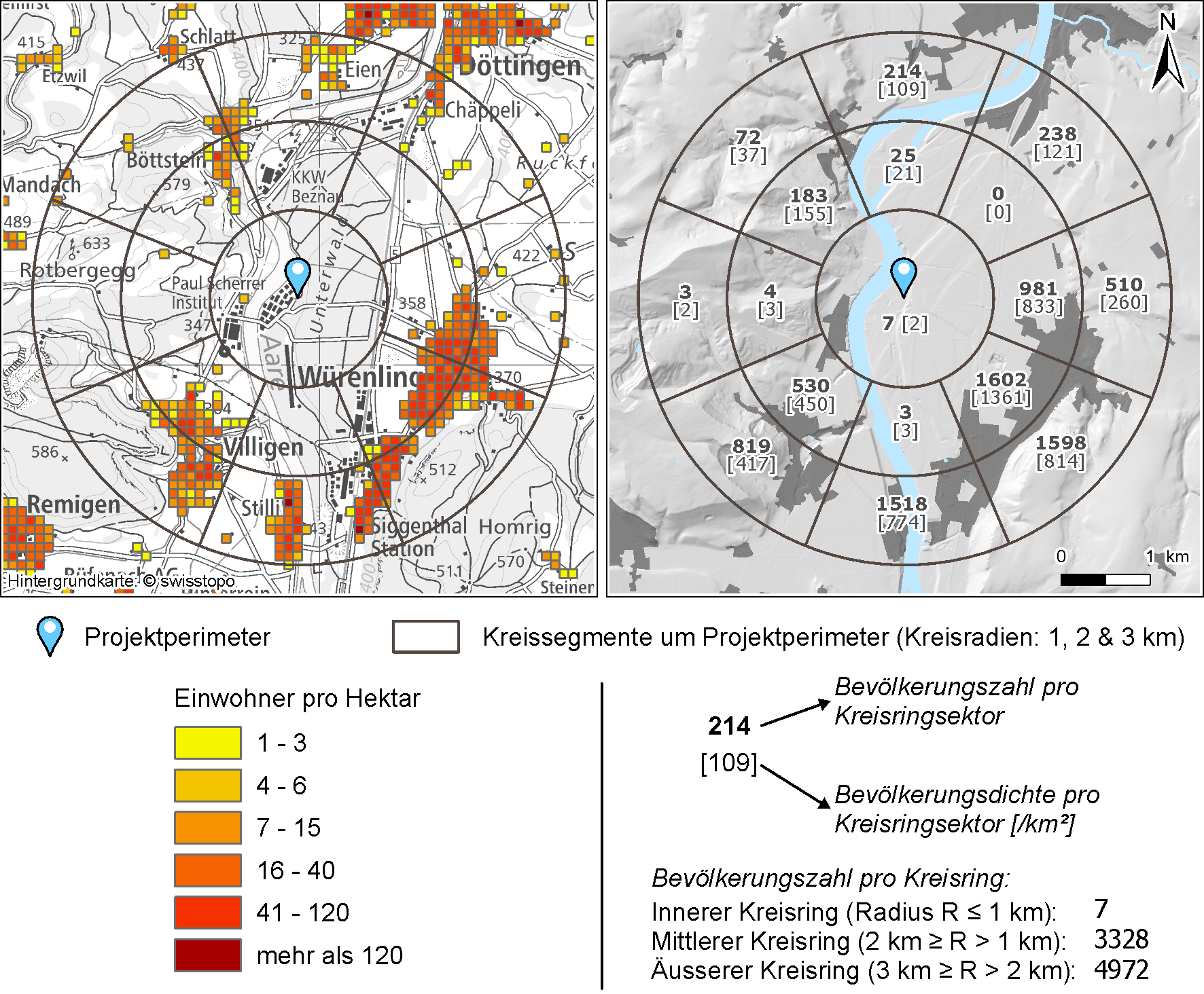Ständige Wohnbevölkerung (links) und Bevölkerungsanzahl und -dichte (rechts) in der Nähe des Standorts der BEVA  BFS, Statistik der Bevölkerung (STATPOP), Daten für 2022, veröffentlicht am 24.08.2023 (Bevölkerung und Haushalte ab 2010 | Bundesamt für Statistik (admin.ch))