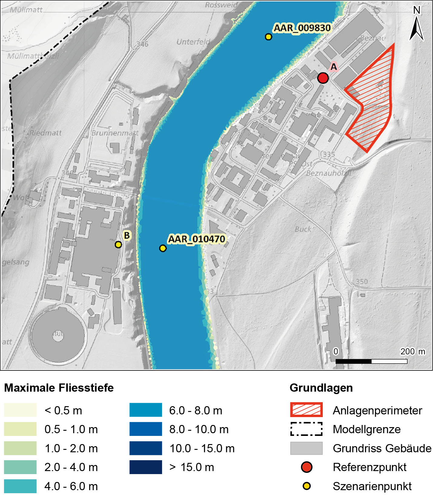 Maximale Fliesstiefen während der gesamten Simulationsdauer für ein Hochwasser¬szenarium mit einer Überschreitungshäufigkeit von ca. 10-4/Jahr Das Wasser wird ausschliesslich im Gerinne der Aare abgeleitet und führt nicht zu einer Überflutung im Bereich des Anlagenperimeters (Andres et al. 2021). 