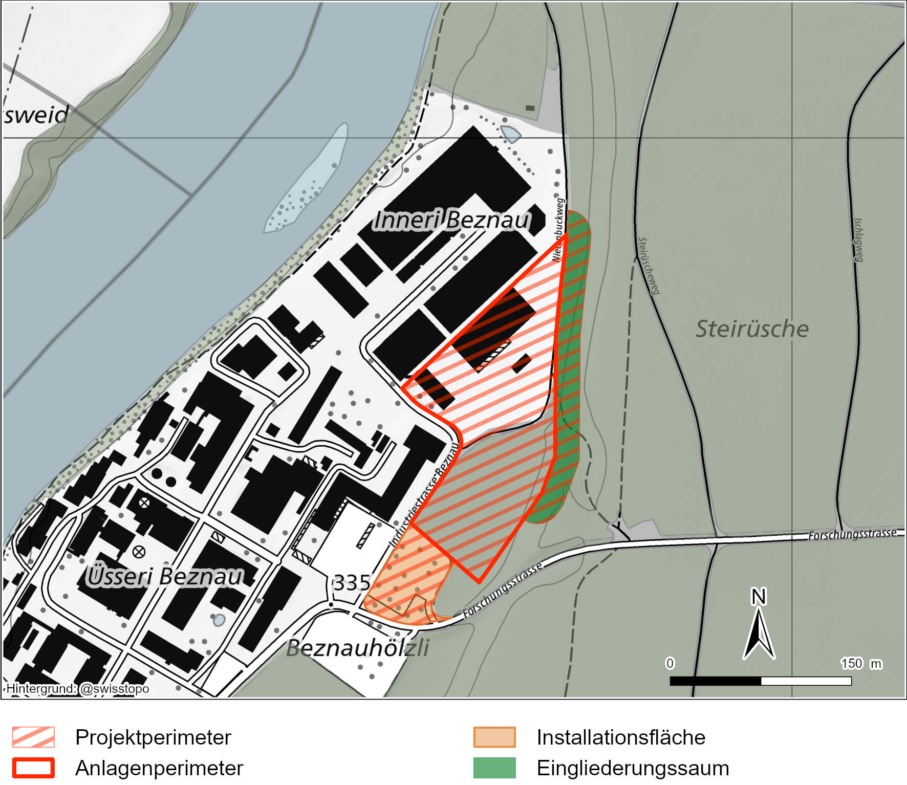 Übersichtskarte des Projektperimeters, inkl. Unterteilung in Anlagenperimeter, Installationsfläche und Eingliederungssaum