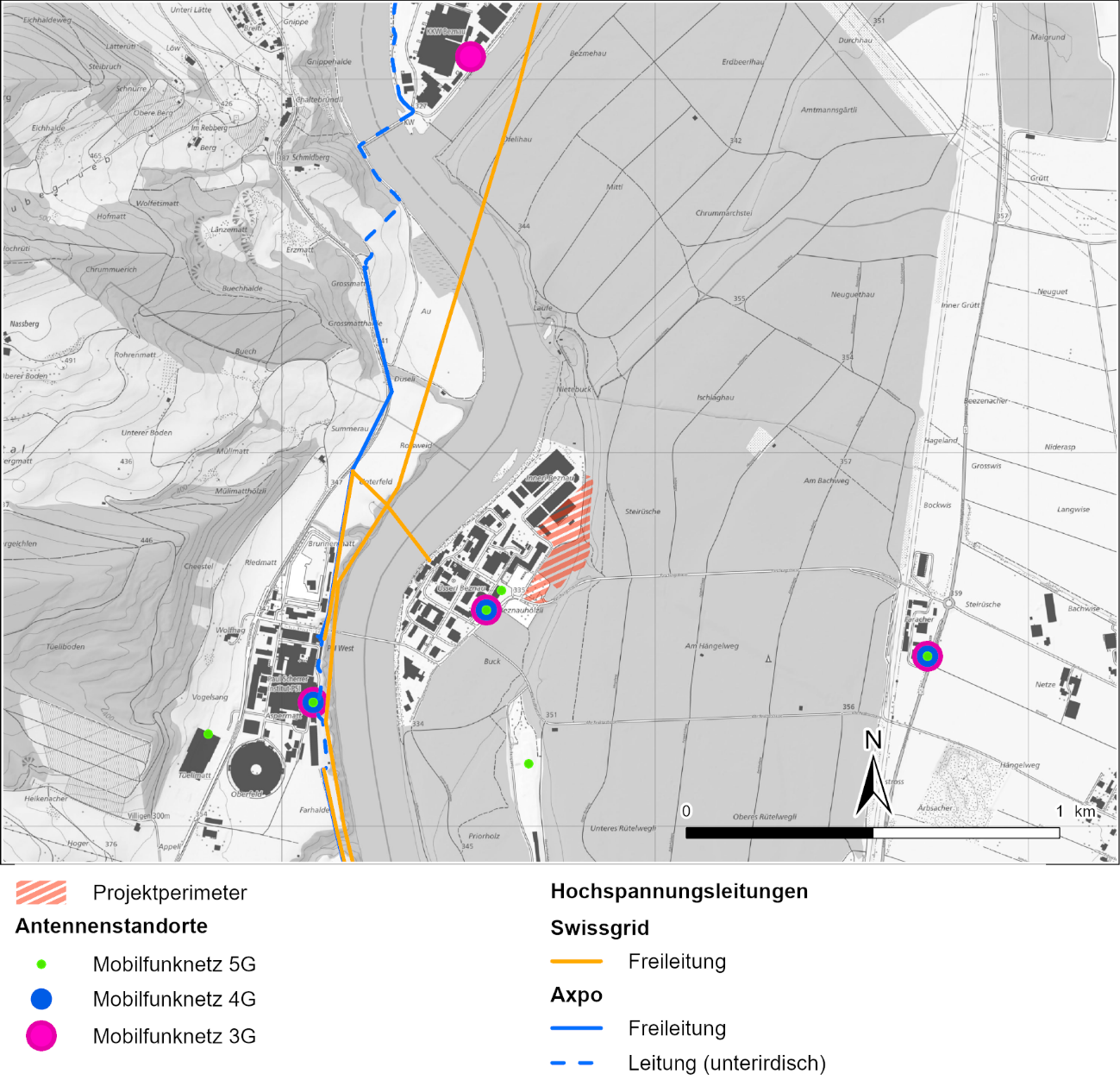 Antennenstandorte und Hochspannungsleitungen im Umkreis des geplanten Projektperimeters (swisstopo 2024)