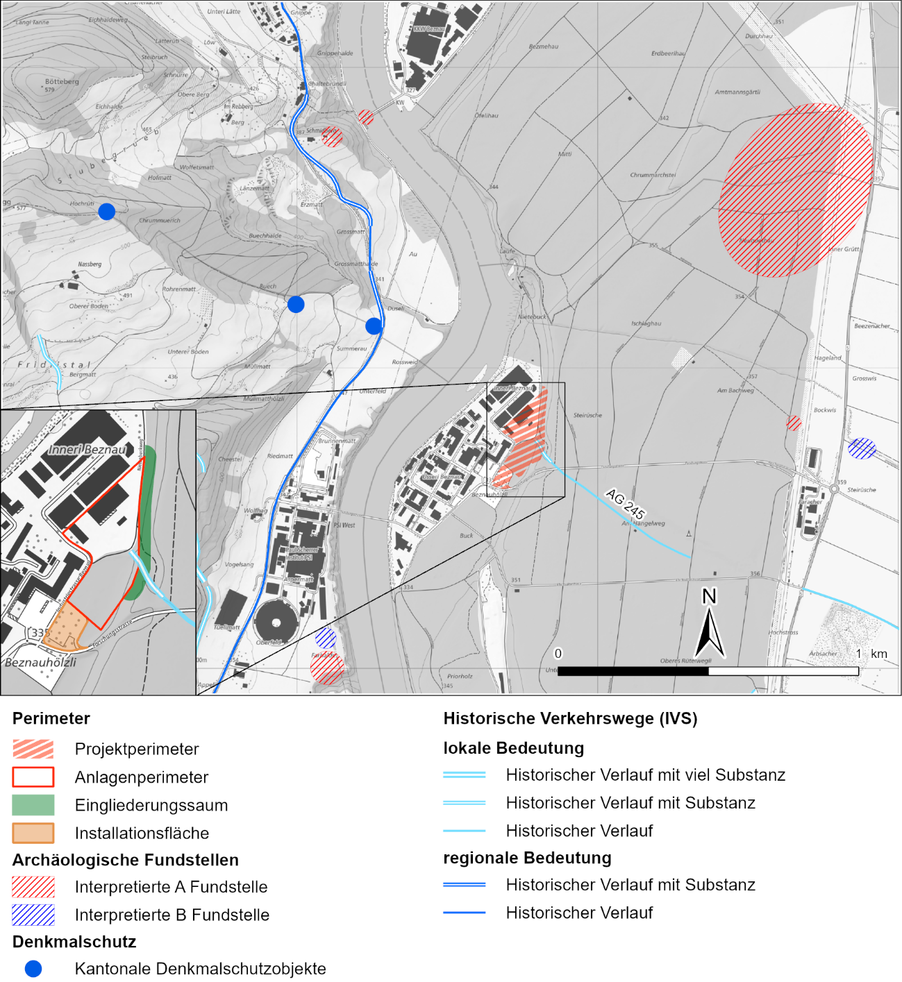 Ausschnitt Archäologische Fundstellen, kantonale Denkmalschutzobjekte und IVS mit dem Hängelweg AG245 (AGIS 2024)