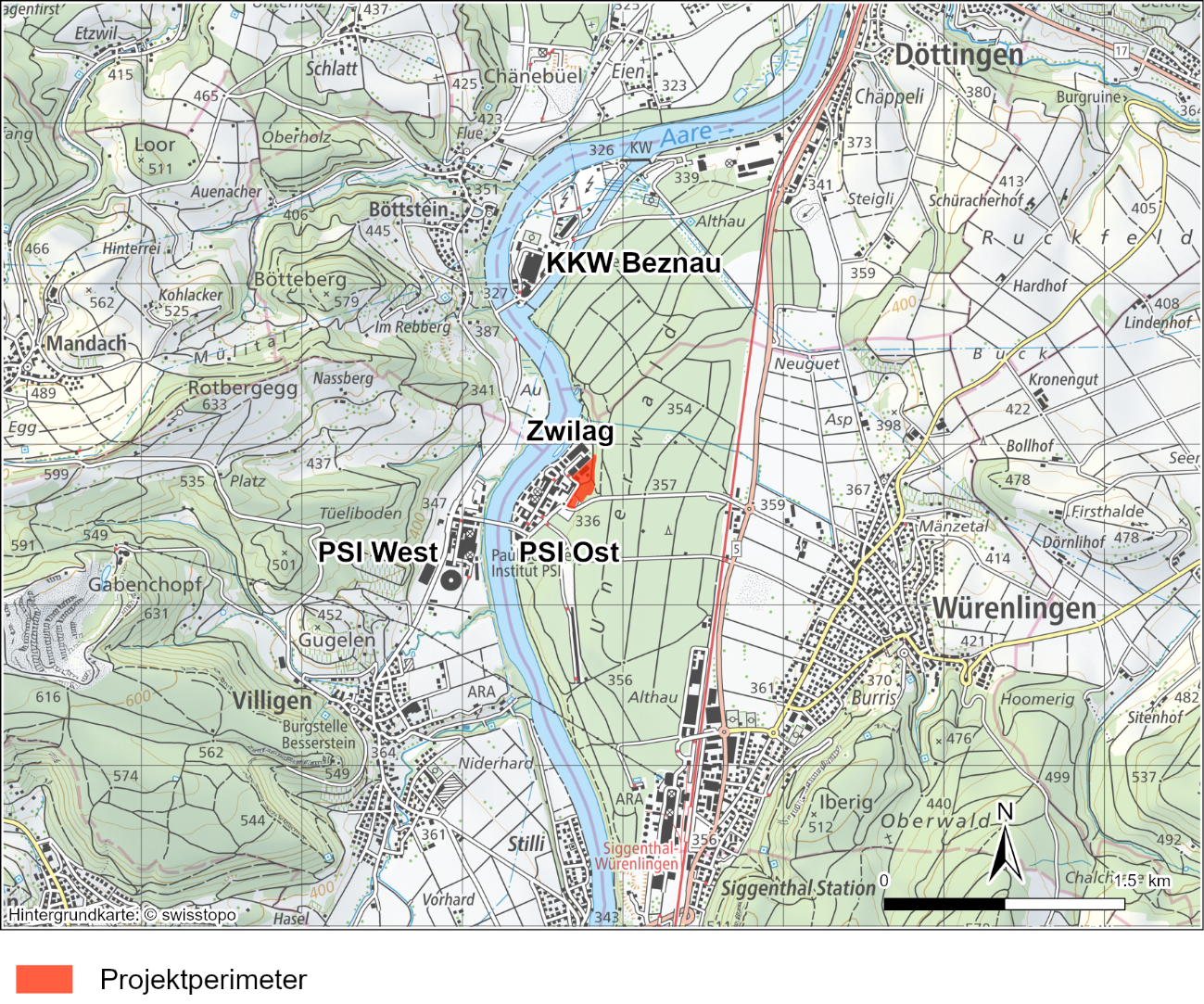 Standort und Umgebung des Projektperimeters mit den Industriearealen des PSI Ost und West sowie den Kernanlagen des KKW Beznau und der Zwilag