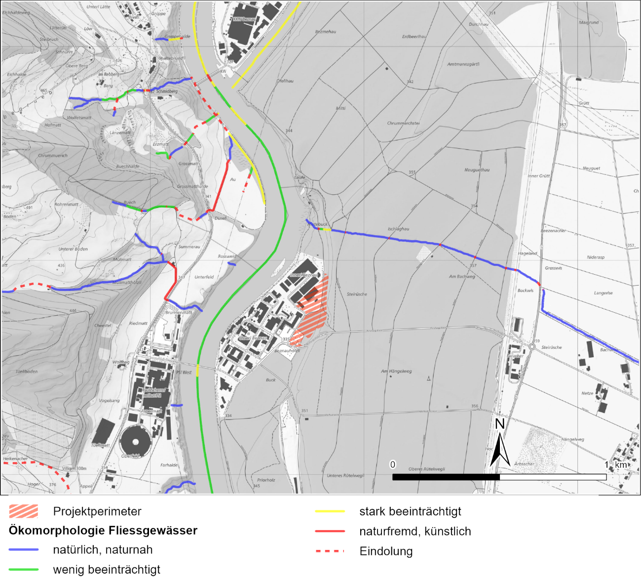 Ökomorphologischer Zustand der Fliessgewässer rund um den Projektperimeter (AGIS 2024)