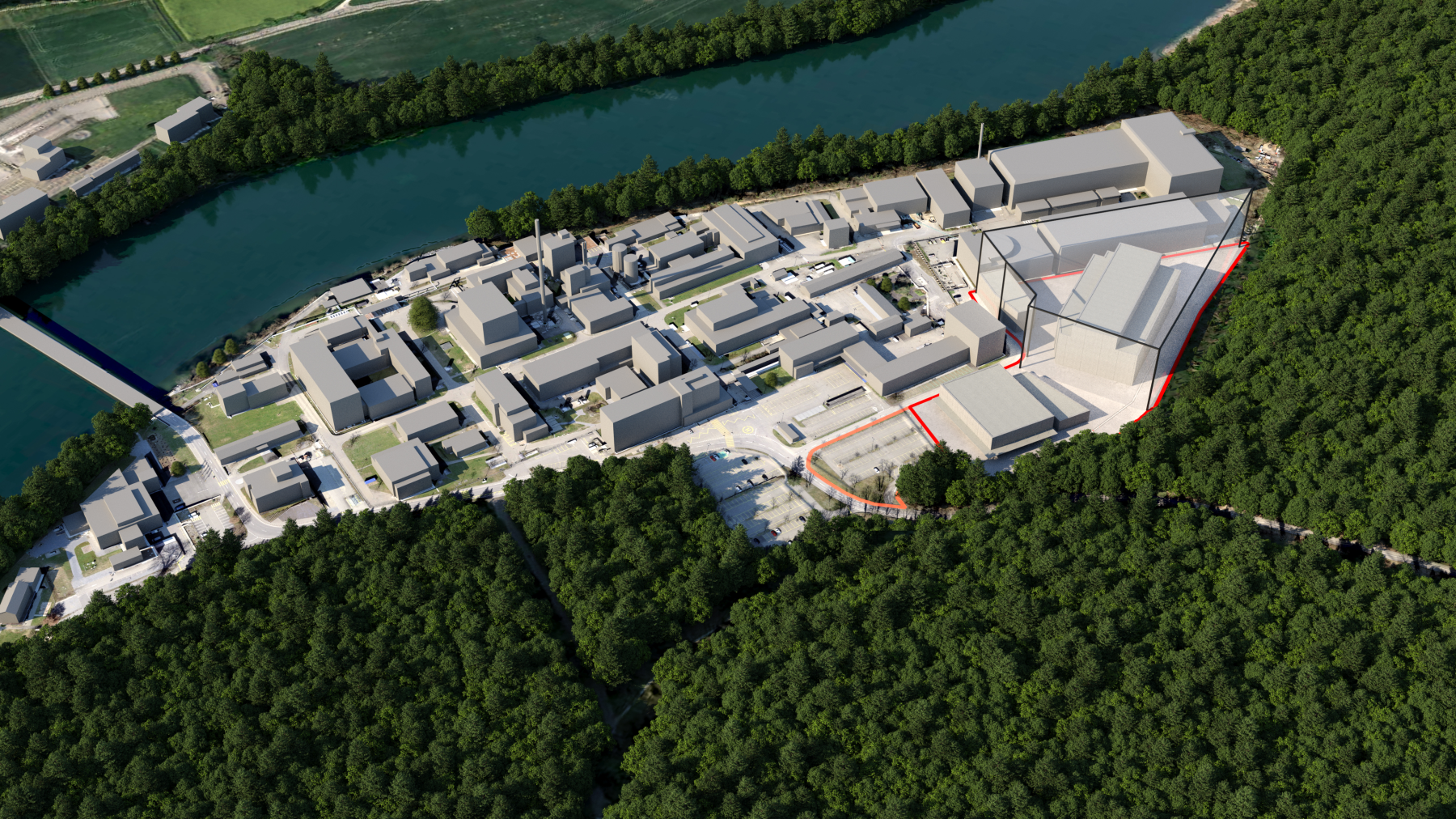 NTB 24 14 Fig 3 5 Vogelperspektive des Industrieareals Blickrichtung Nordwest mit Anlagenperimeter rot umrandet und Installationsfläche orange umrandet