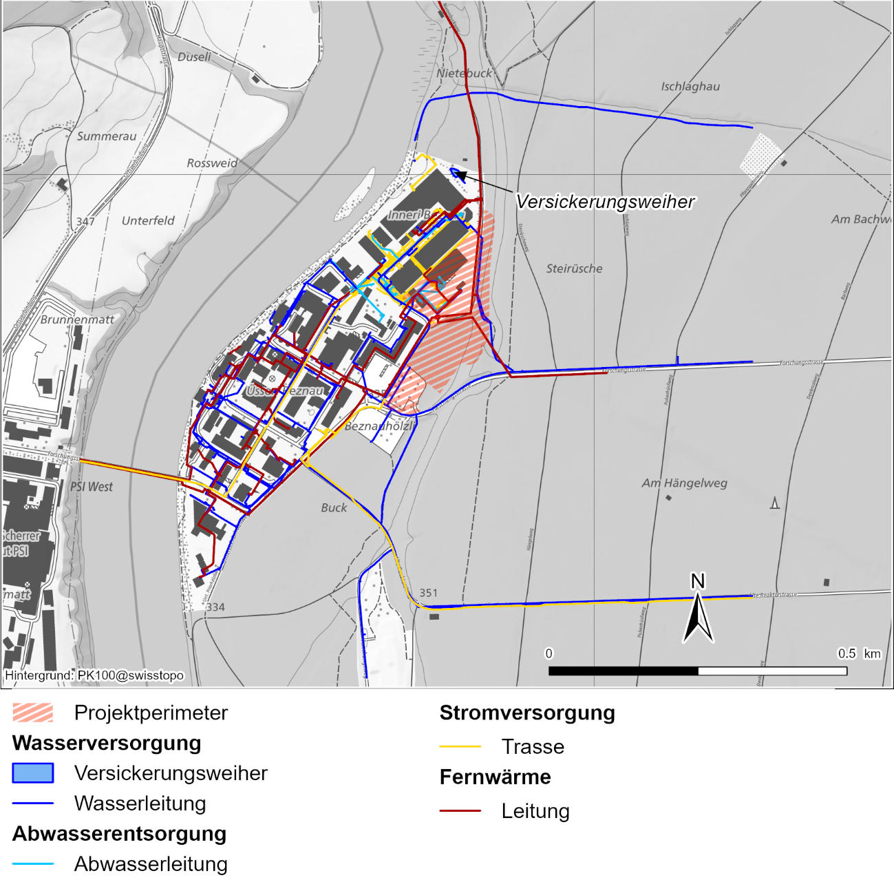 Bestehende Werkleitungen in der näheren Umgebung des Projektperimeters