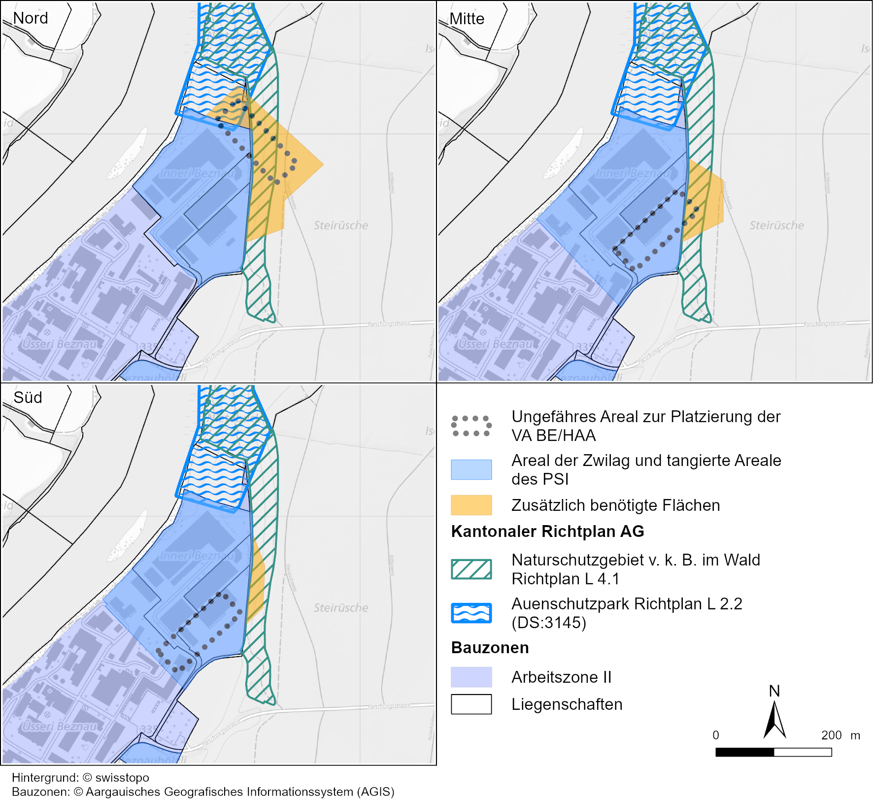 	Anordnungsvarianten der BEVA (gepunktetes Rechteck) bei der Zwilag (schema­tische Darstellung)