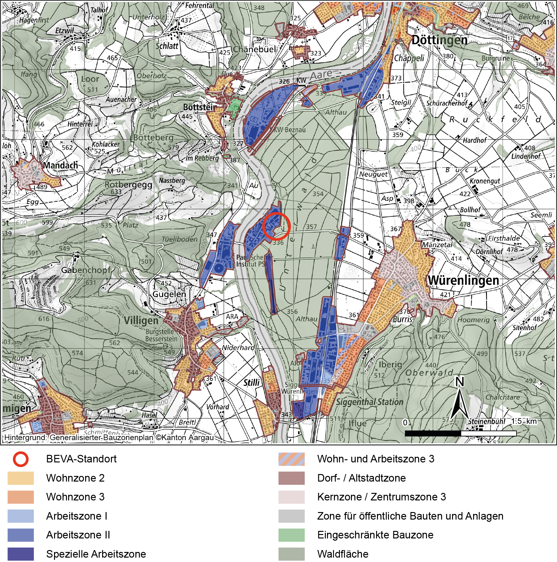 Ausschnitt aus dem generalisierten Bauzonenplan des Kantons Aargau mit den um­liegenden Wohn- und Arbeitsplatzstandorten  (AGIS 2024)