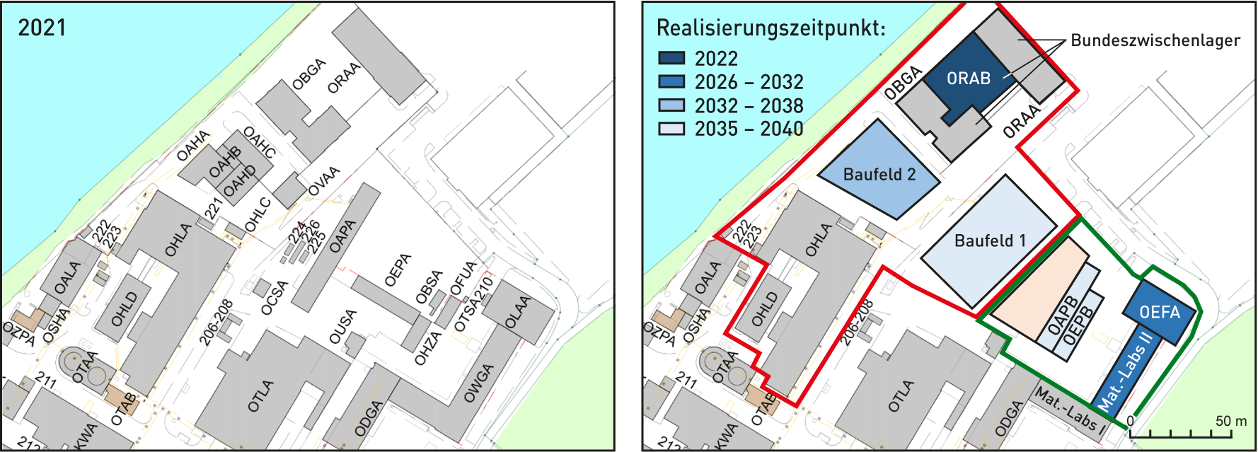 PSI Areal Ost: Flächennutzung 2021 (links) und vorgesehene Umstrukturierung und Verdichtung durch das PSI (rechts4)  rot: Sicherungszone, grün: Areal für Weiterentwicklung (Nagra 2022a)