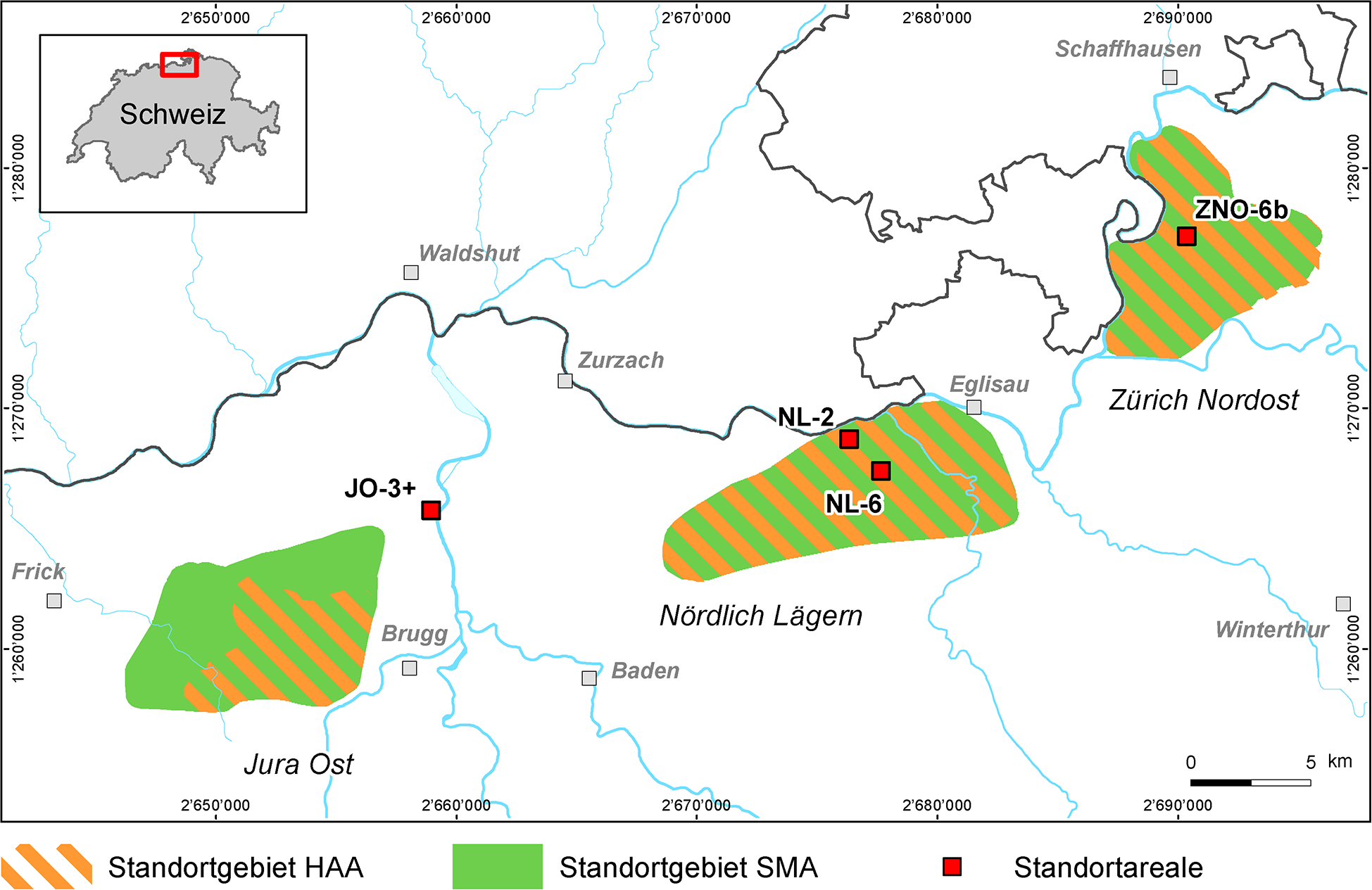	Die drei weiterzuverfolgenden Standortgebiete und 4 Standortareale für die OFA als Ergebnis von Etappe 2