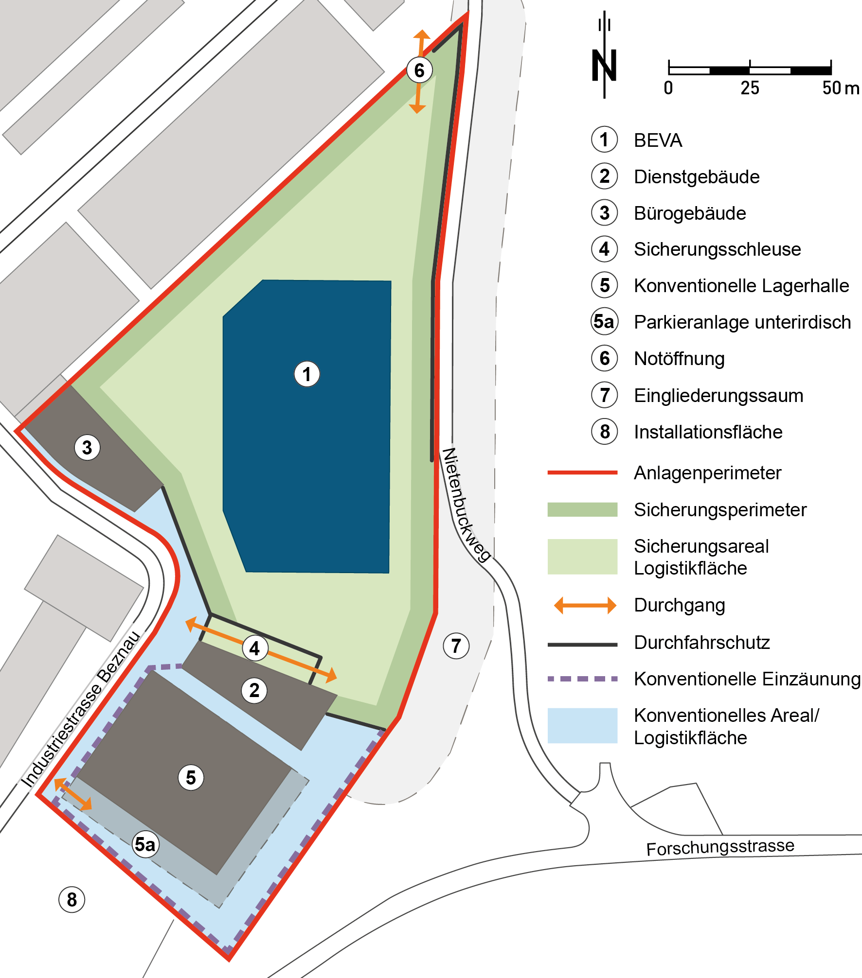 Schematische Darstellung einer exemplarischen Anordnung der Bauten auf dem Anlagenperimeter Gesamtfläche 2 ha (Nagra 2025c).